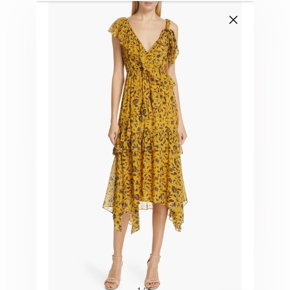 ULLA JOHNSON Yellow Amber Floral Print DANIA Ruffle Tiered Tie Shoulder MIDI 4